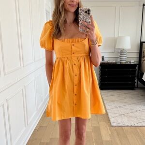 Orange Puff Sleeve Button-Down Dress